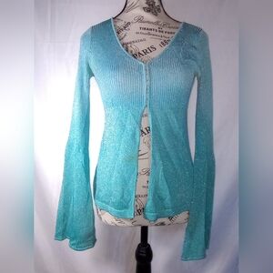 Vintage Bisou Bisou Teal Shimmer Shrug Layering Top Open Front S 90s Y2K